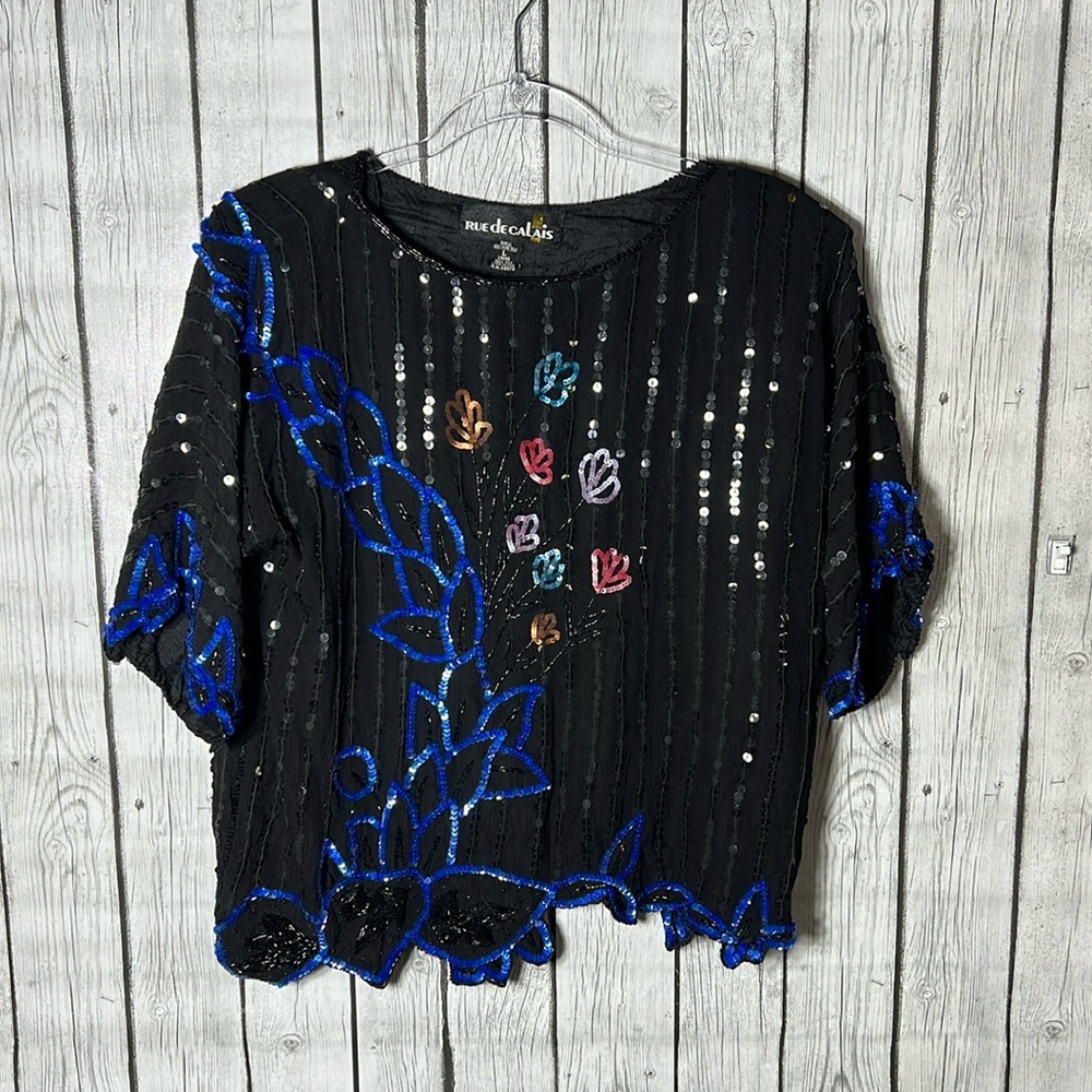 Rue de Calais vintage silk asymmetrical hem sequined top size Large